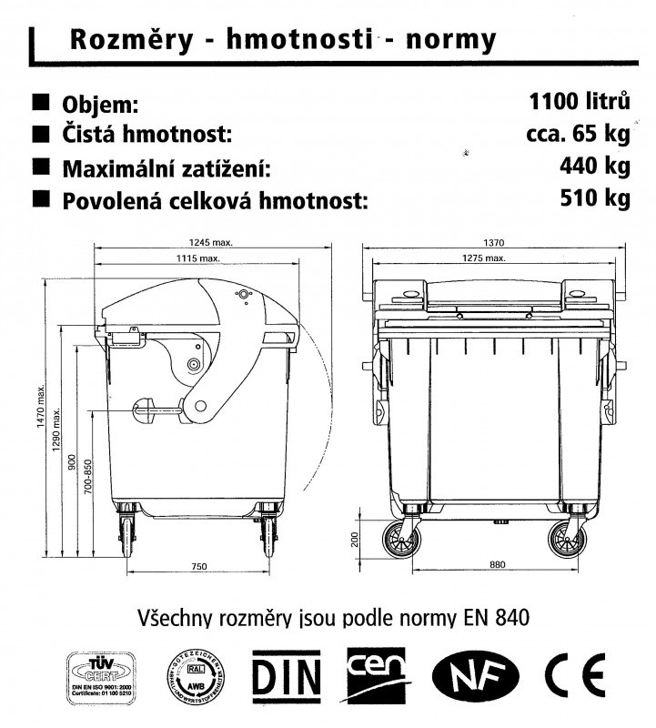 Kontejner plastový 1100 l, ploché víko, černý
